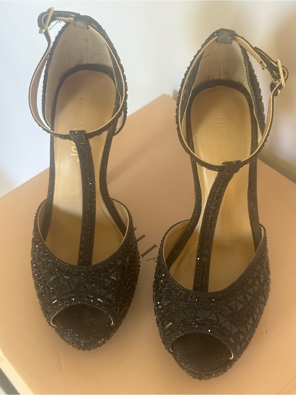 Thalia Sodi Chace Black Glitter T-Strap Platform Heels Size 5M